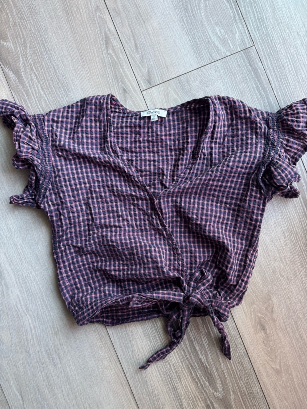 Madewell Purple and Pink Plaid Tie-Front Crop Top